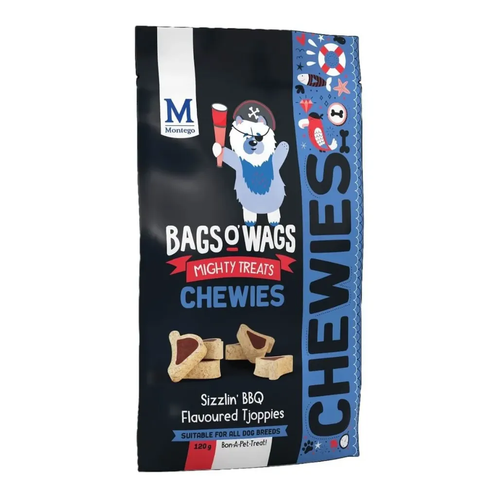 [6009686622845] Montego Bags O' Wags Chewies Sizzlin' BBQ Flavoured Tjoppies dog treats 120g