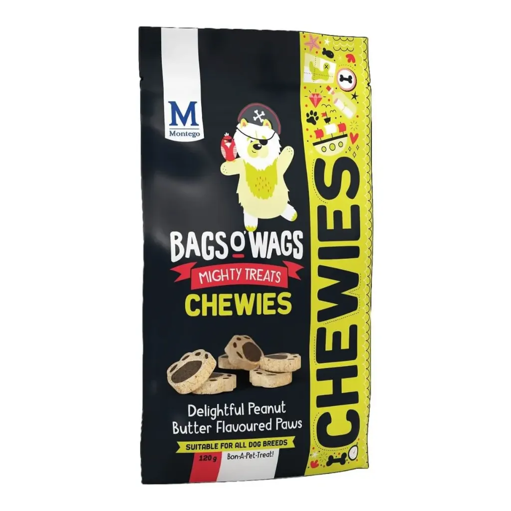 [6009686622852] Montego Bags O' Wags Chewies Delightful Peanut Butter Flavoured Paws dog treats