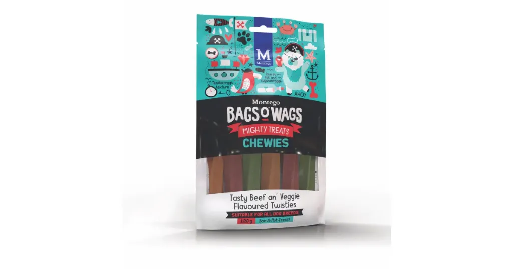 [6009686621190] Montego Bags O' Wags Mighty Treats Chewies - Tasty Beef an' Veggie Flavoured Twisties