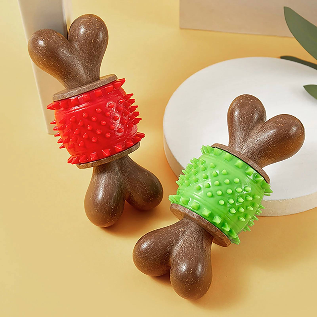 Bone-shaped dog chew toy with spiky rubber ring