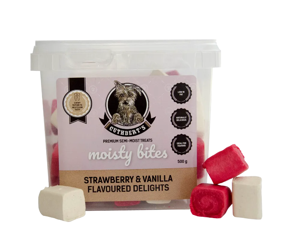 Cuthbert's Moisty Bites Strawberry & Vanilla Flavoured Delights dog treats 500g