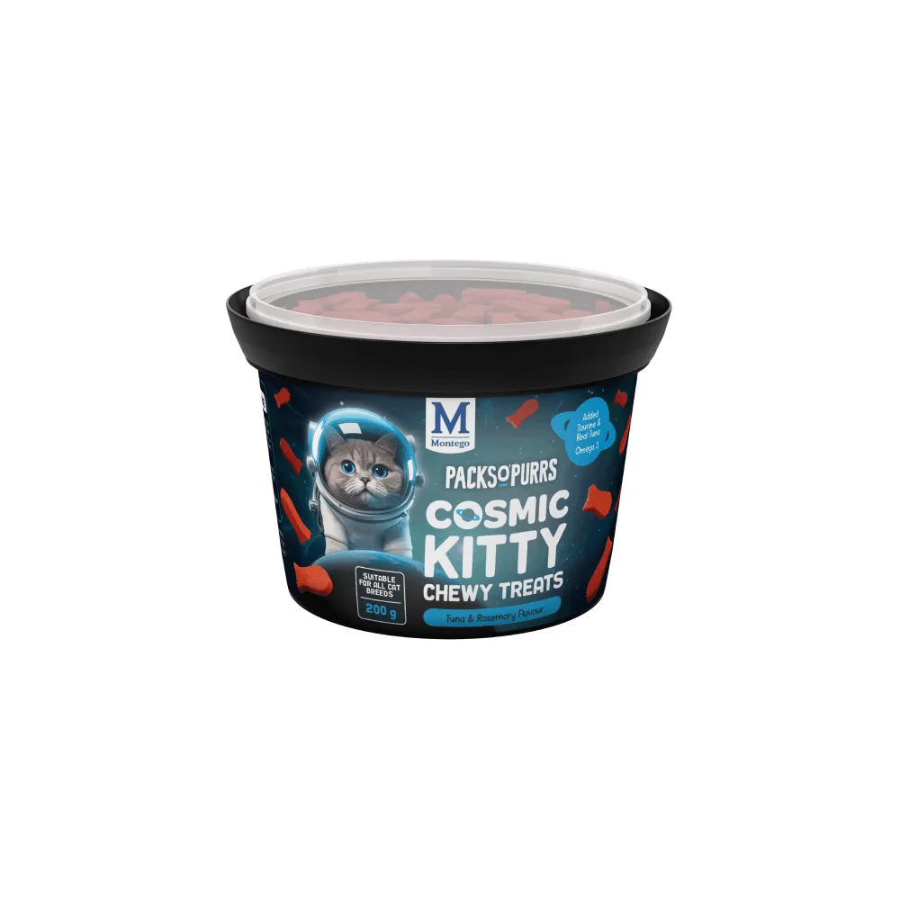 Montego Packs O' Purrs Cosmic Kitty Chewy Treats in the Tuna & Rosemary flavor 200g