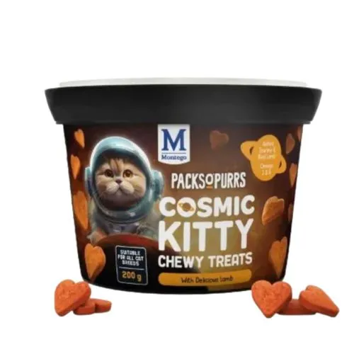[6009686623712] Montego Packs O' Purrs Cosmic Kitty Chewy Treats with Delicious Lamb 200g