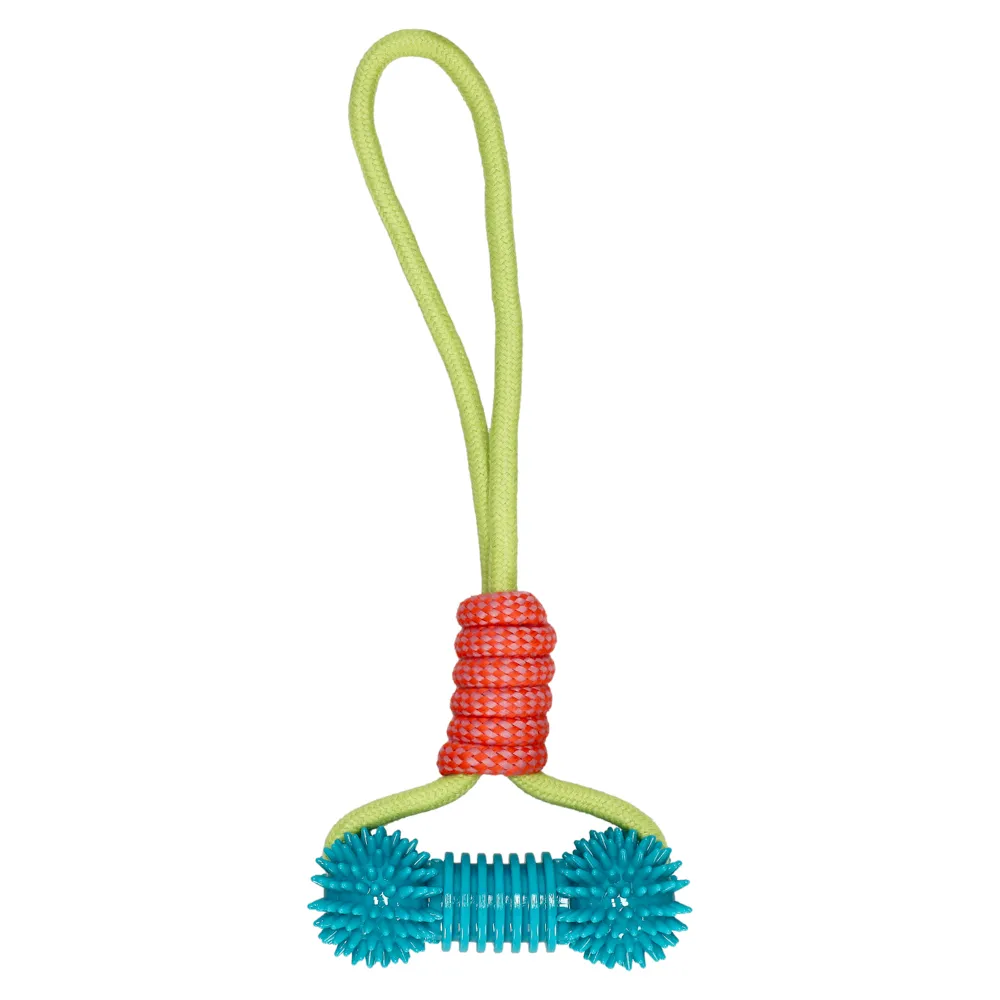Rope loop tug toy with spiky dumbbell