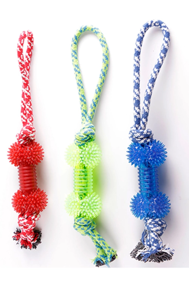 Rope tug toy with spiky dumbbell (assorted colours)