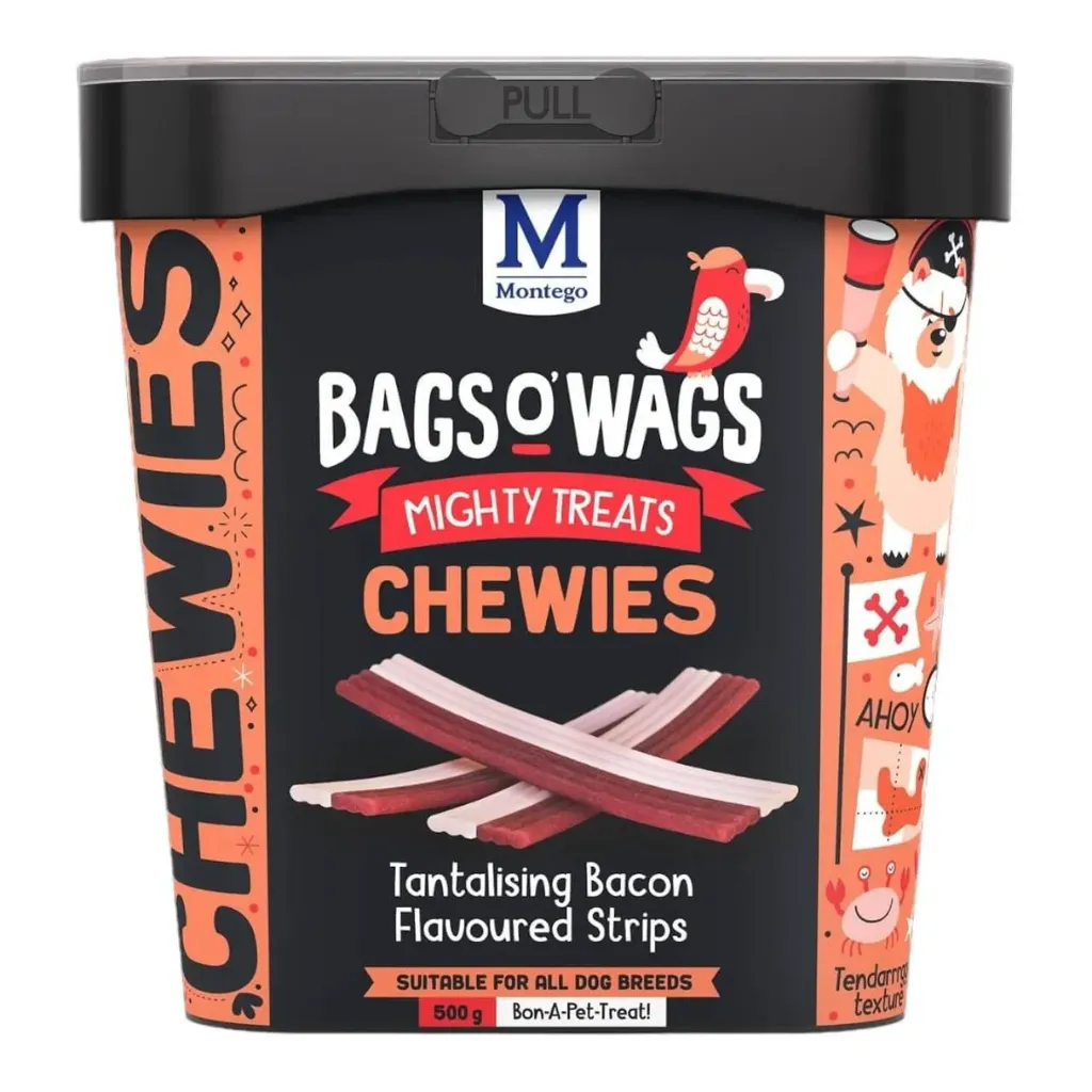 Montego Bags O' Wags Chewies Tantalising Bacon Flavoured Strips, a soft and chewy dog treat 1.5kg