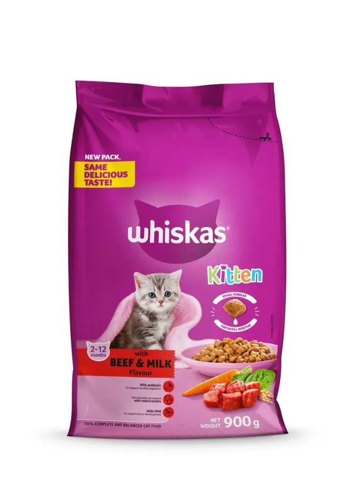Whiskas Dry kitten Cat Food beef & milk flavor 900g